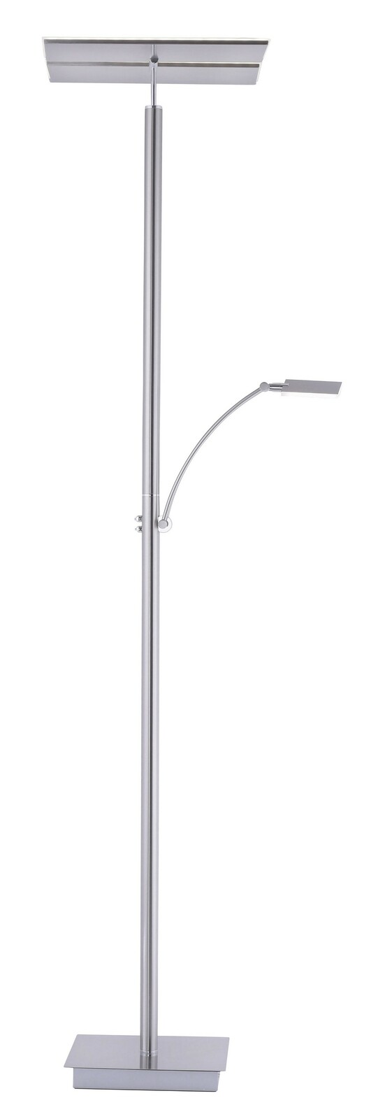 Moderne LED-Stehleuchte aus Metall mit zwei Lichtquellen, frontal abgebildet.