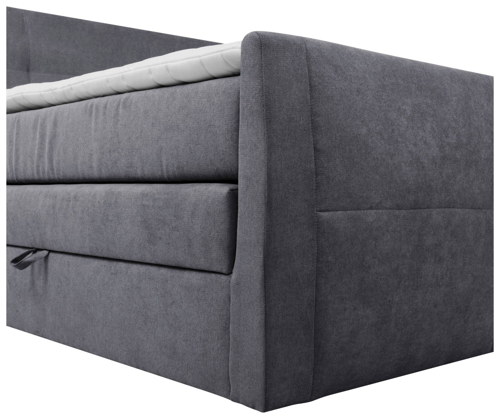 Seitliche Perspektive eines grauen Boxspringbetts mit gepolstertem Kopfteil und Matratze.