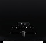 Nahaufnahme des schwarzen Toasters Vita mit Stopptaste und Bräunungsgrad-Einstellung von 1 bis 7.