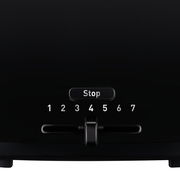 Nahaufnahme des schwarzen Toasters Vita mit Stopptaste und Bräunungsgrad-Einstellung von 1 bis 7.
