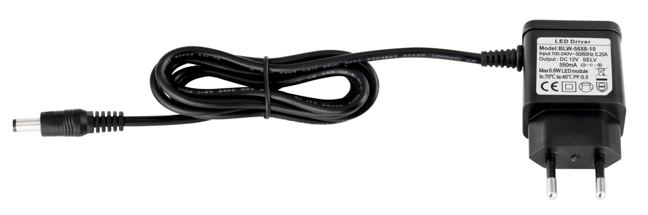 Netzteil für Tischleuchte, seitliche Perspektive, schwarzes Kabel mit Stecker und LED-Treiber.
