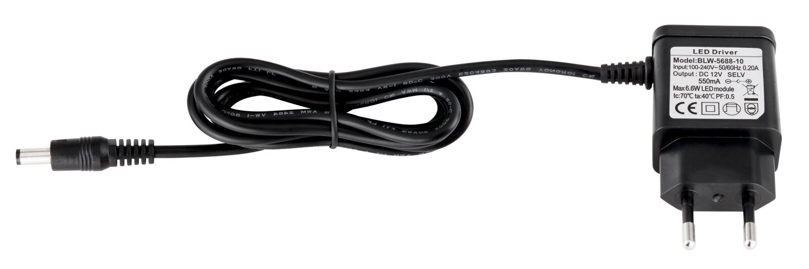 Netzteil für Tischleuchte, seitliche Perspektive, schwarzes Kabel mit Stecker und LED-Treiber.
