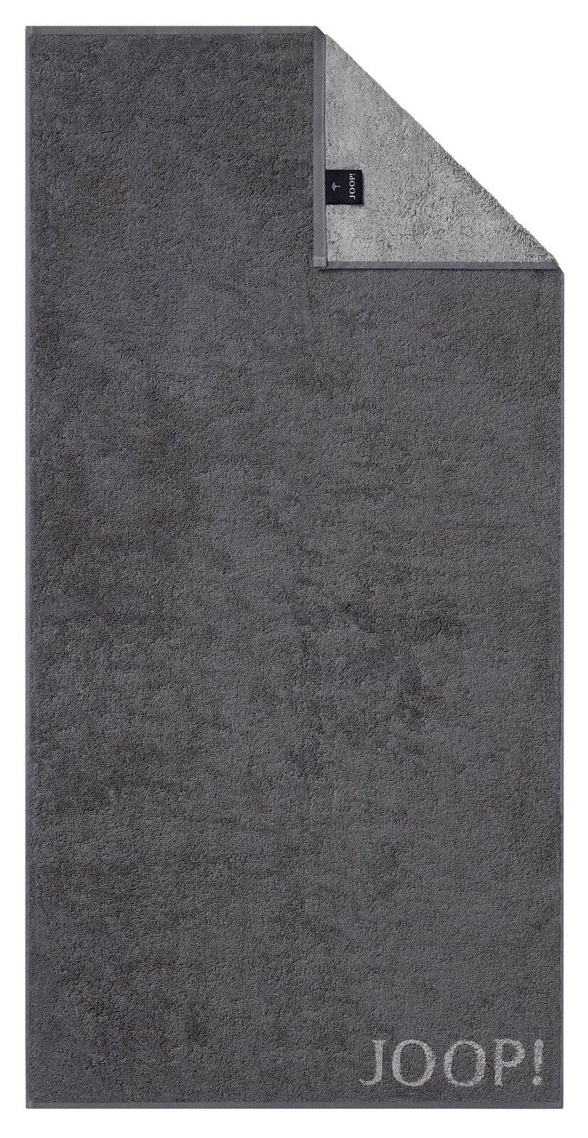 Graues Duschtuch mit eingewebtem JOOP!-Logo, Draufsicht