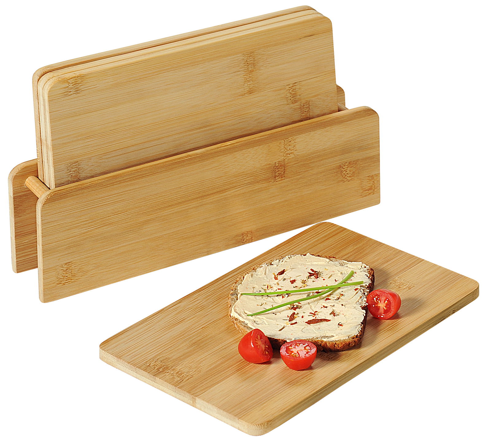 Kesper Brettchenständer inkl. 5 Brettchen Brettchenständer aus Holz mit fünf Brettchen, eines davon mit belegtem Brot und Tomaten, aus seitlicher Perspektive