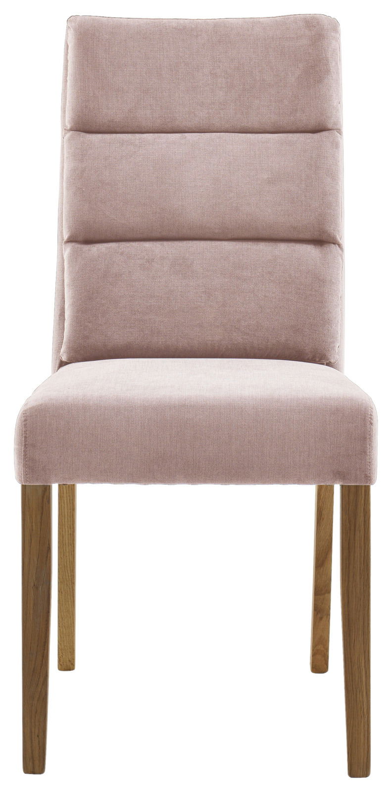 Vorderansicht eines modernen Stuhls mit rosa Polsterung und Holzbeinen.