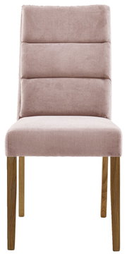 Vorderansicht eines modernen Stuhls mit rosa Polsterung und Holzbeinen.