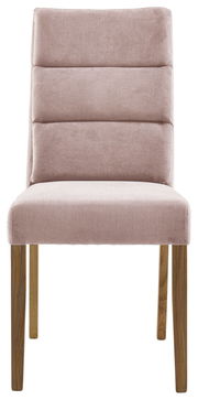 Vorderansicht eines modernen Stuhls mit rosa Polsterung und Holzbeinen.