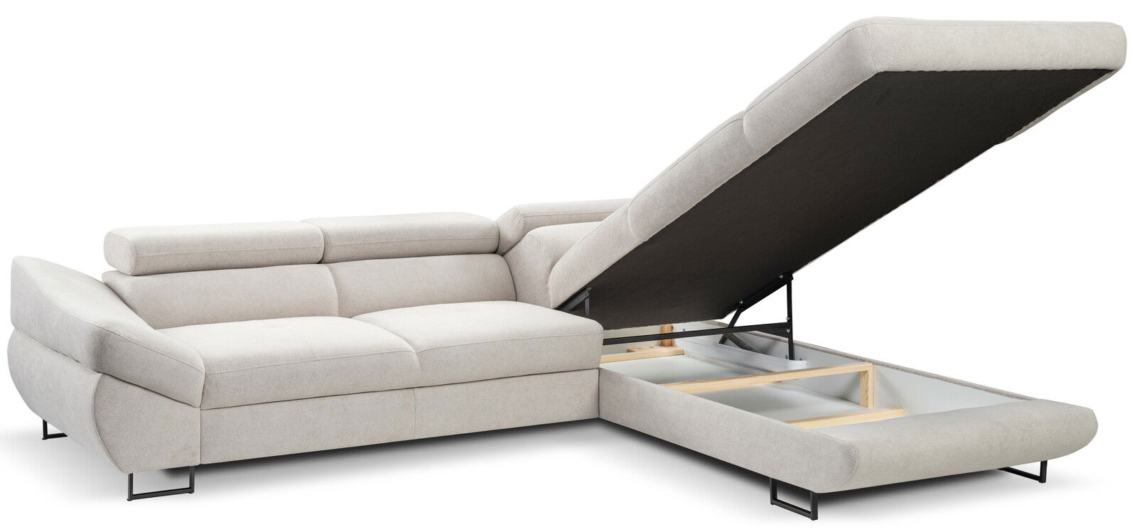 Beige Ecksofa mit verstellbarer Rückenlehne und Stauraum, Perspektive von vorne rechts