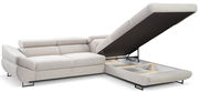 Beige Ecksofa mit verstellbarer Rückenlehne und Stauraum, Perspektive von vorne rechts