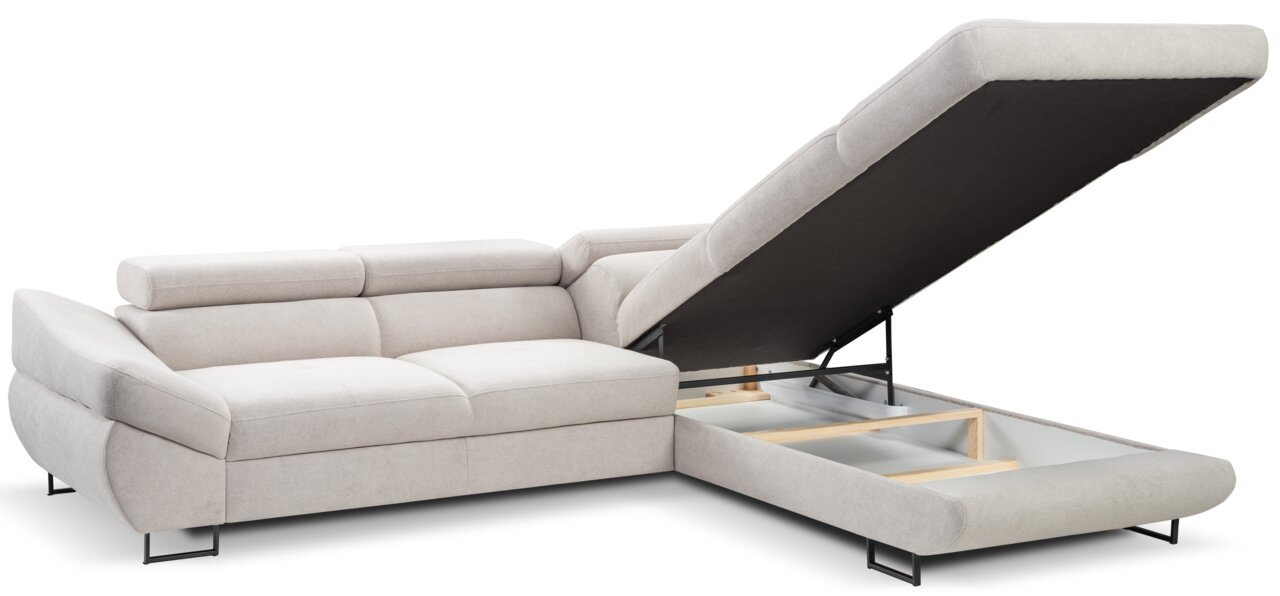 Beige Ecksofa mit verstellbarer Rückenlehne und Stauraum, Perspektive von vorne rechts