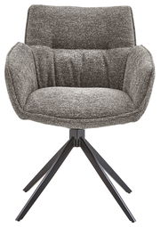 Grauer Armlehnstuhl mit gepolstertem Sitz und schwarzem Metallgestell, Frontalansicht