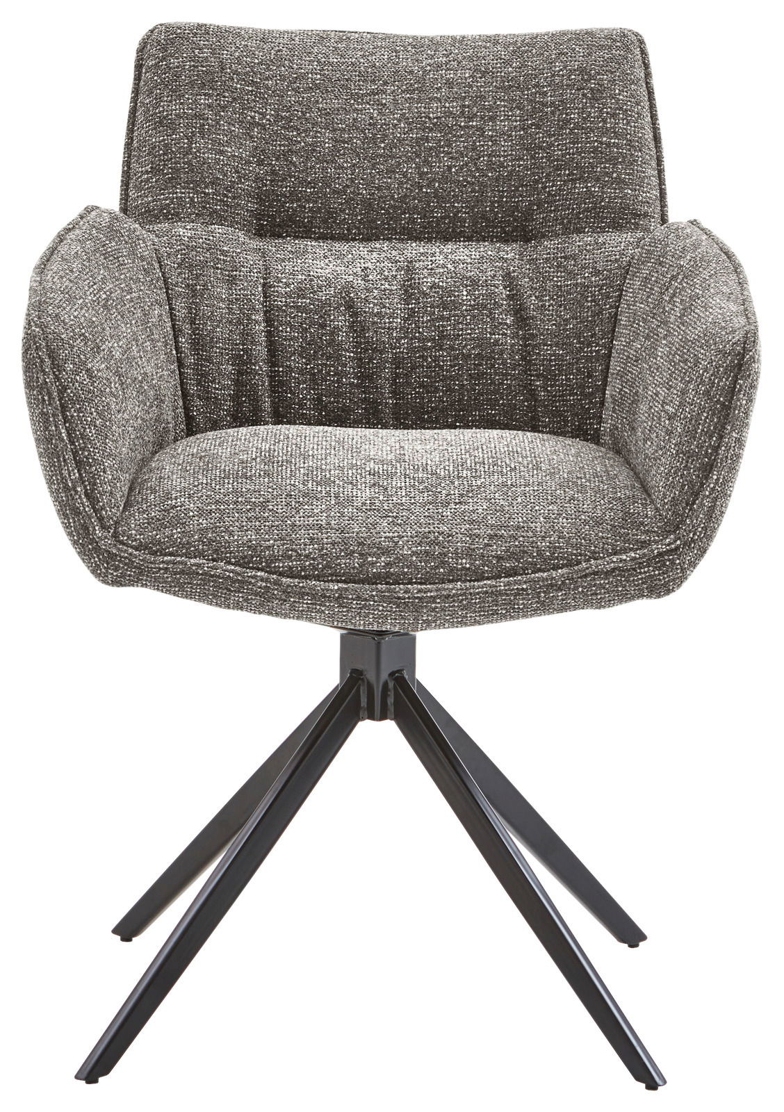 Grauer Armlehnstuhl mit gepolstertem Sitz und schwarzem Metallgestell, Frontalansicht