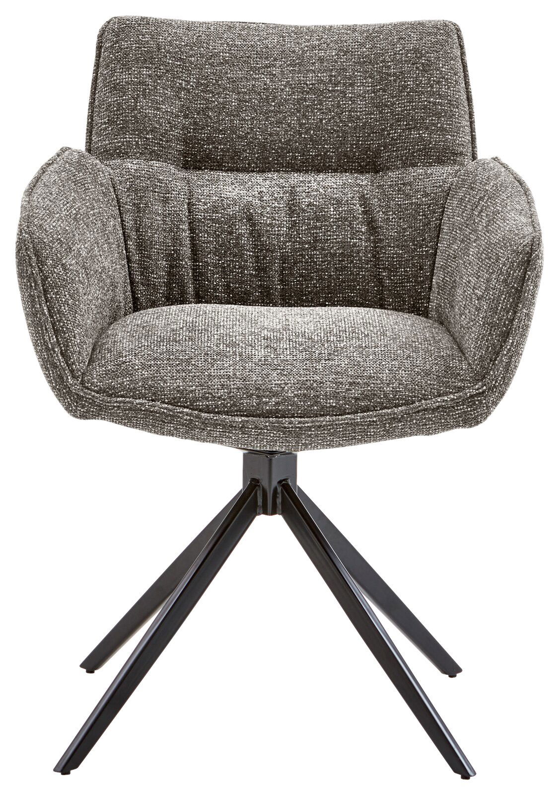 Grauer Armlehnstuhl mit gepolstertem Sitz und schwarzem Metallgestell, Frontalansicht