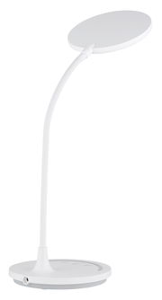 Moderne weiße Tischleuchte mit rundem Lampenschirm und flexiblem Hals, seitliche Perspektive