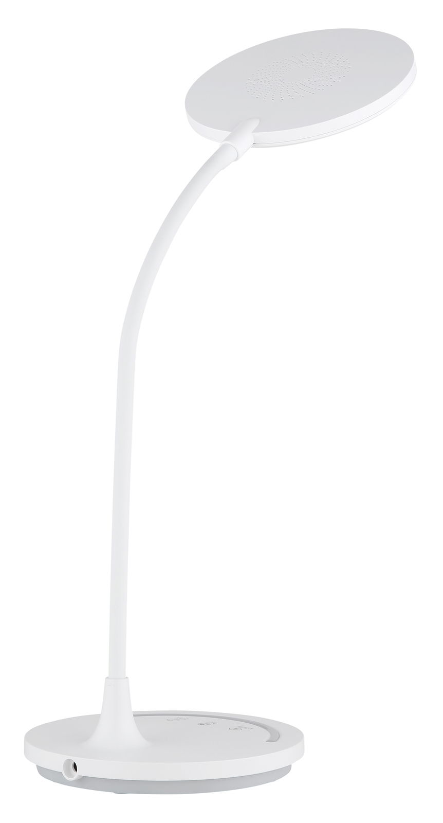 Moderne weiße Tischleuchte mit rundem Lampenschirm und flexiblem Hals, seitliche Perspektive