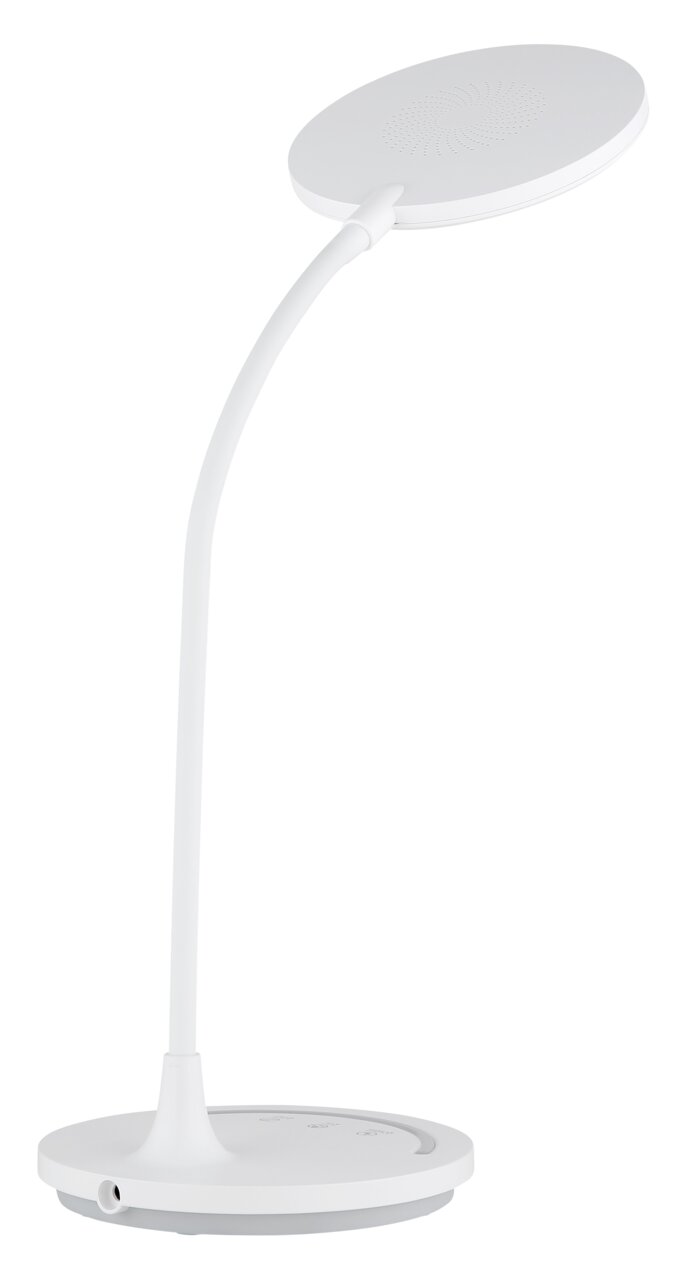 Moderne weiße Tischleuchte mit rundem Lampenschirm und flexiblem Hals, seitliche Perspektive