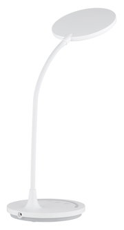 Moderne weiße Tischleuchte mit rundem Lampenschirm und flexiblem Hals, seitliche Perspektive