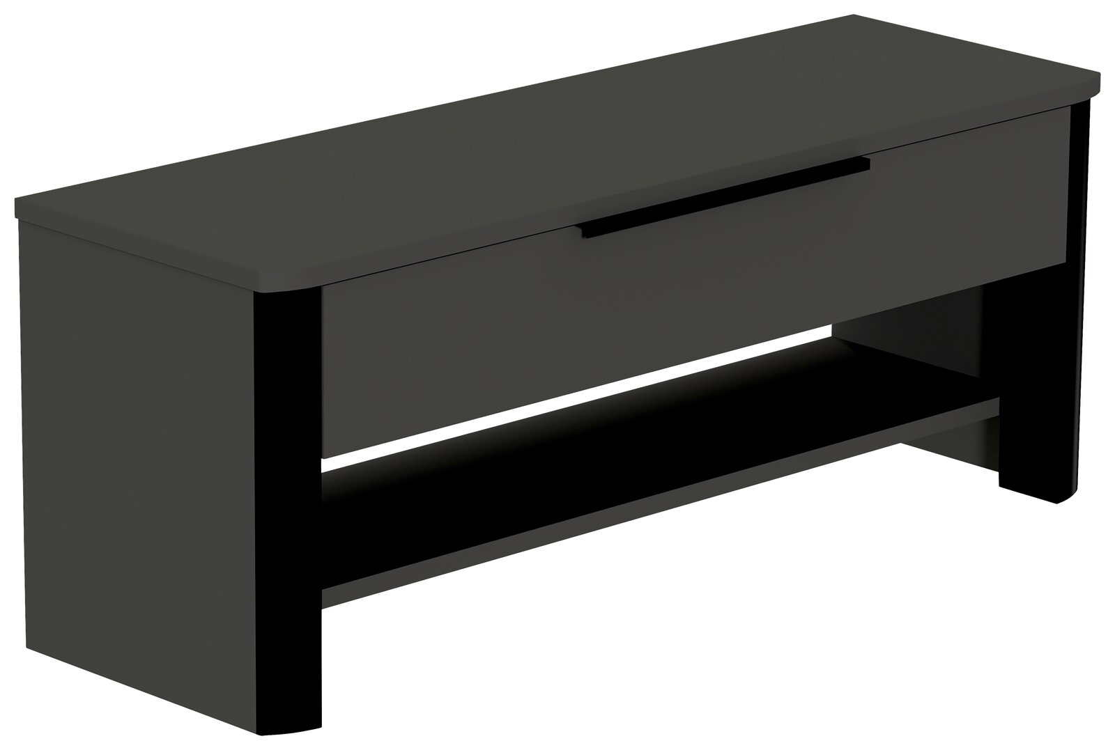 Garderobenbank in dunklem Holz mit Stauraum und unterem Regal, seitliche Perspektive