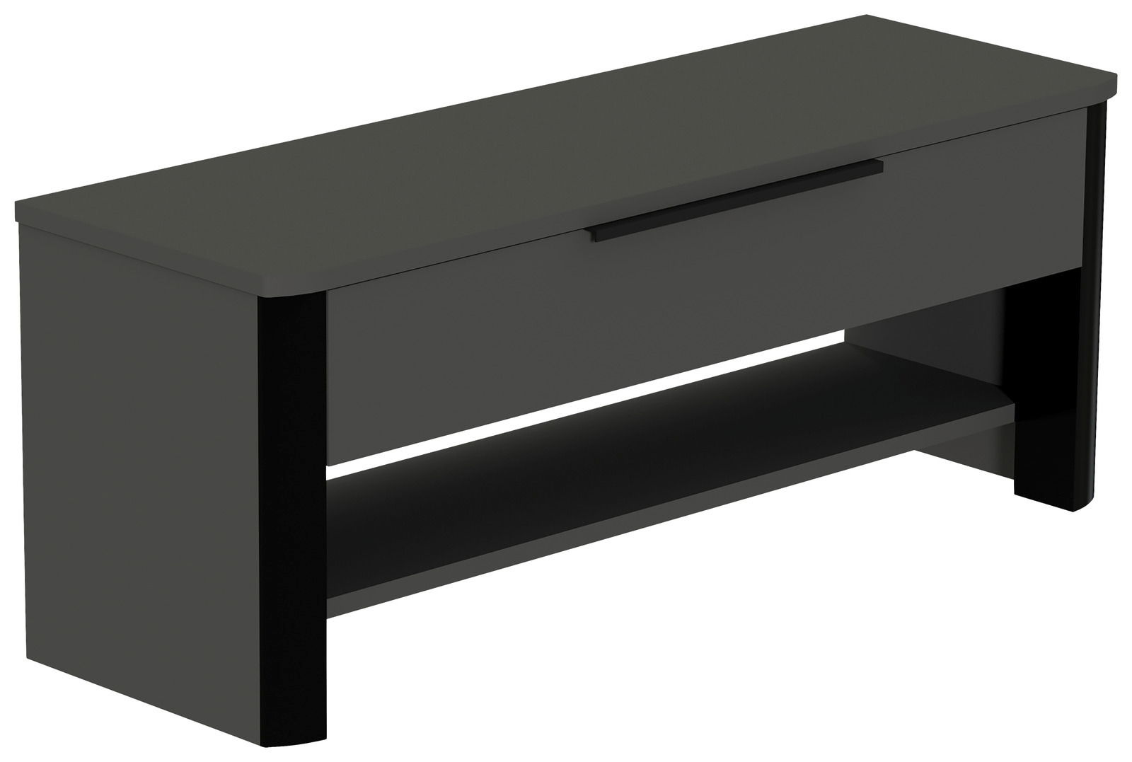 Garderobenbank in dunklem Holz mit Stauraum und unterem Regal, seitliche Perspektive