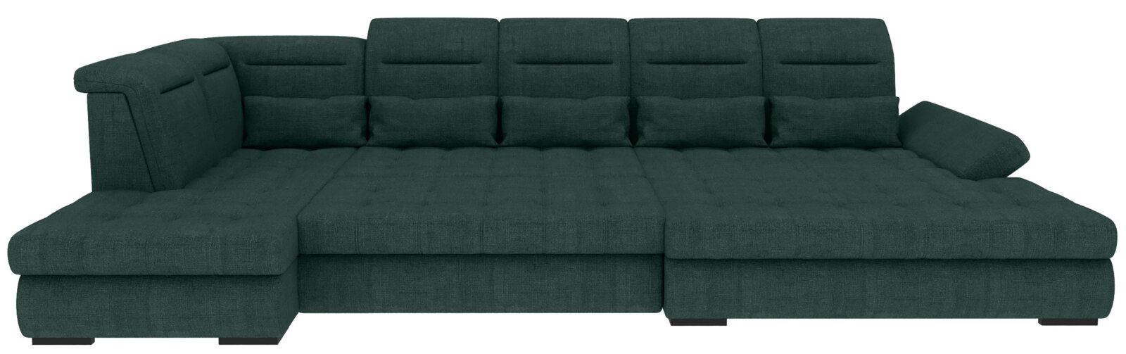 Dunkelgrünes U-förmiges Stoff-Wohnlandschaftsofa mit gepolsterten Armlehnen und gesteppten Sitzflächen, Frontansicht auf weißem Hintergrund