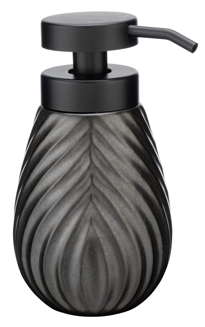 Keramik Seifenspender in dunklem Design mit strukturiertem Muster, seitliche Perspektive