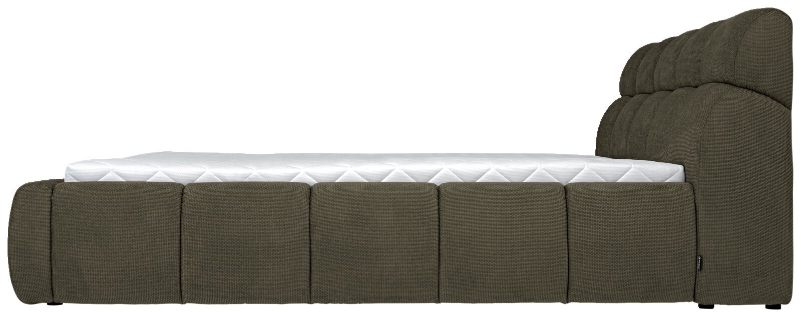 Zijaanzicht van een modern gestoffeerd bed met een gestoffeerd hoofdeinde en een grijze stoffen bekleding.