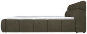 Zijaanzicht van een modern gestoffeerd bed met een gestoffeerd hoofdeinde en een grijze stoffen bekleding.