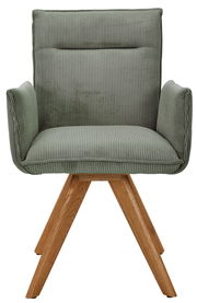 Grüner Armlehnstuhl mit Holzbeinen, Vorderansicht