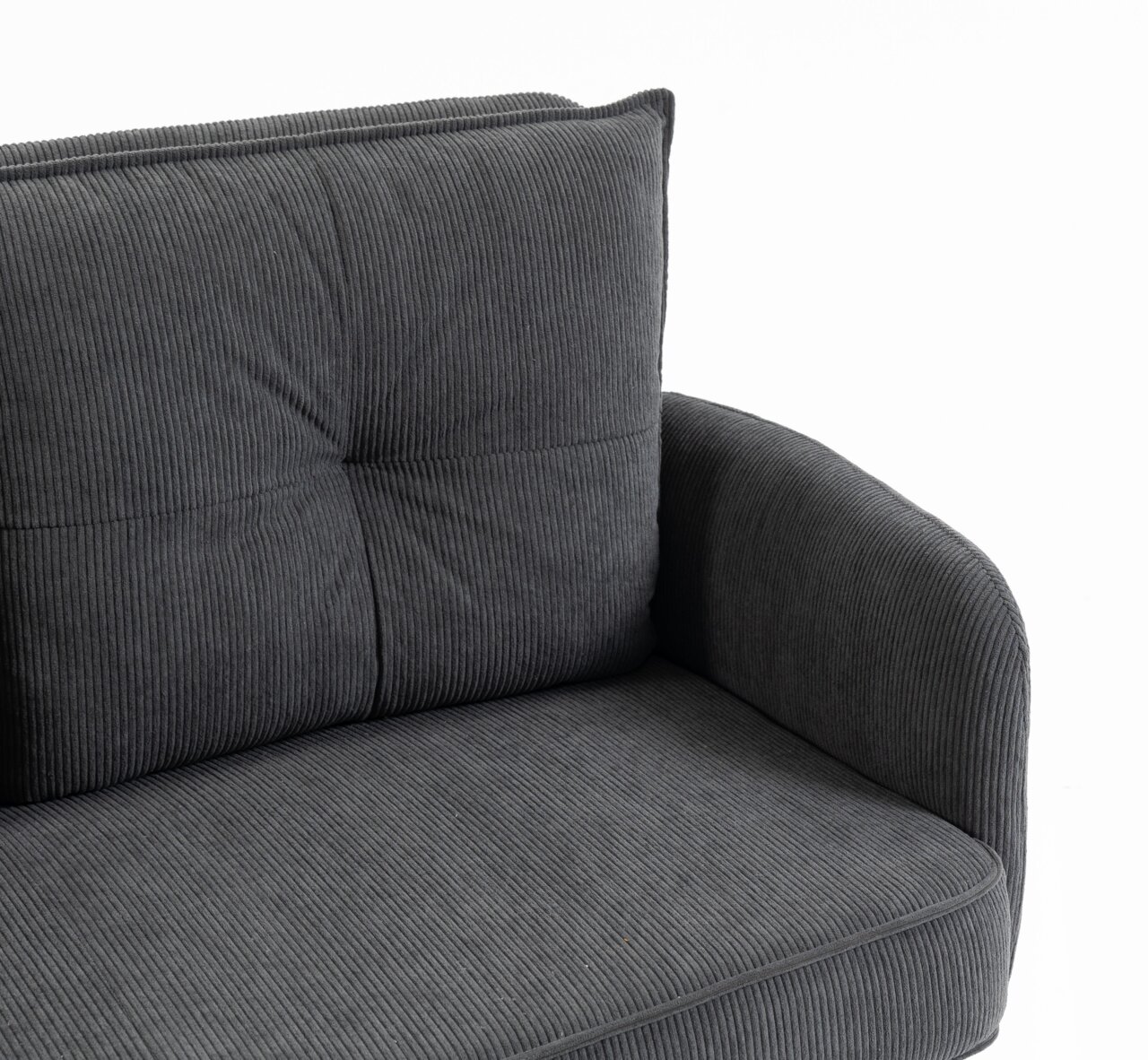Nahaufnahme eines grauen 3-Sitzer-Sofas mit geripptem Stoffbezug, Ansicht von der Seite.