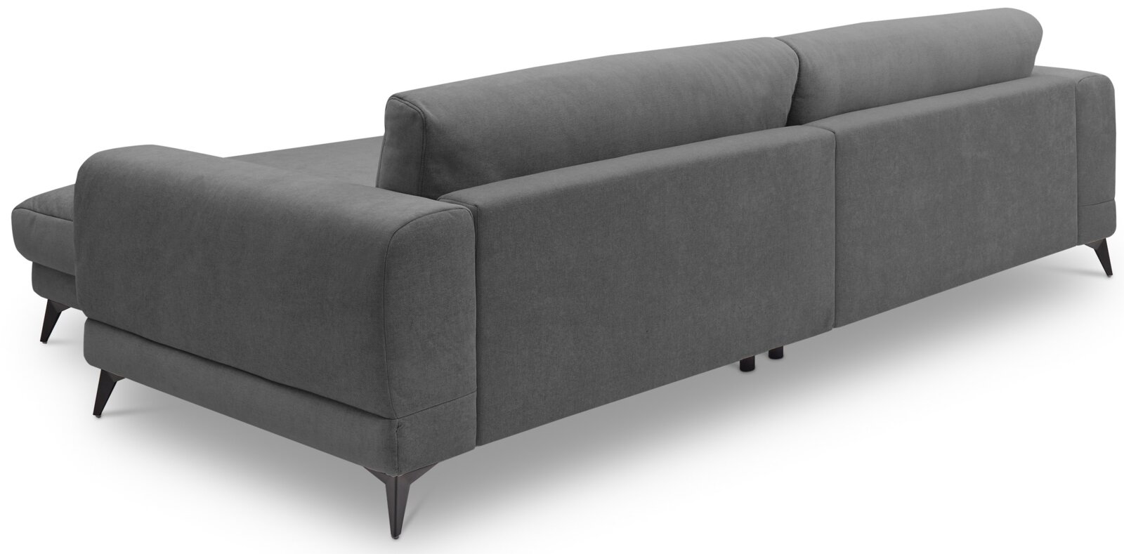 Graues Polstersofa mit Stoffbezug, niedrigen Armlehnen und schwarzen Metallfüßen, perspektivische Ansicht von hinten schräg (Rück- und Seitenansicht)