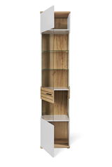 Moderne Vitrine aus Holz und Glas mit offenen Türen, frontal betrachtet.