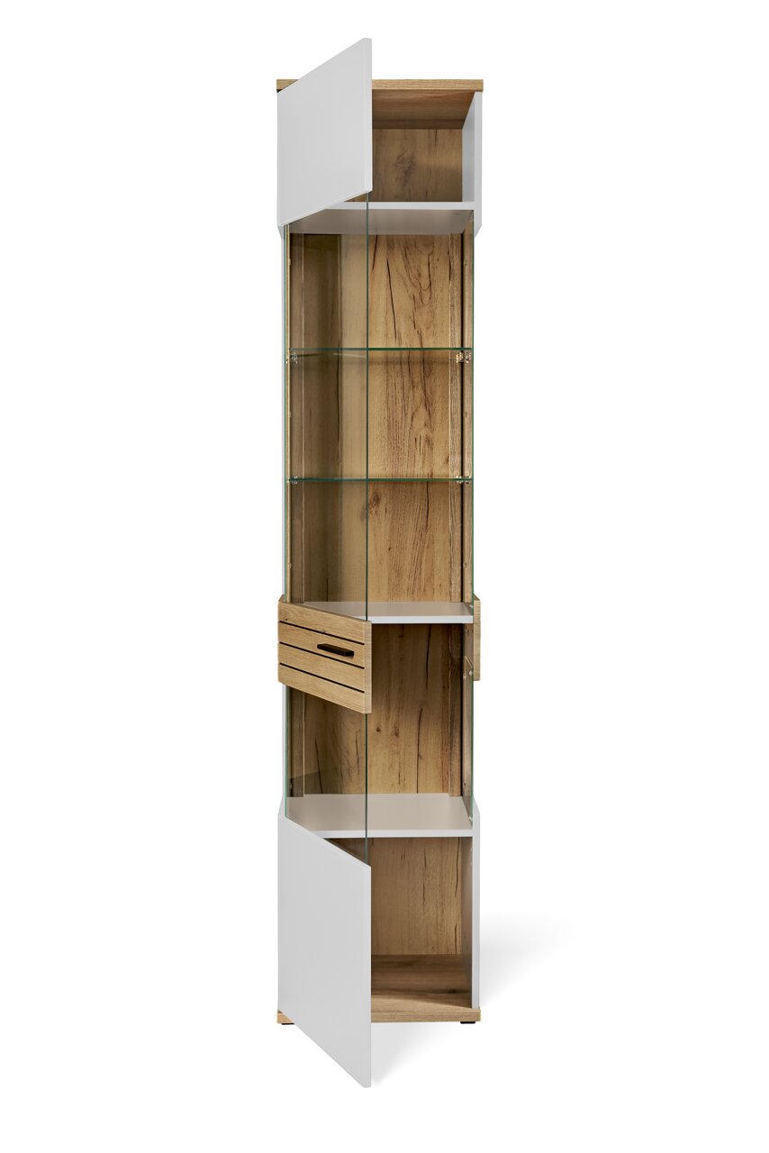 Moderne Vitrine aus Holz und Glas mit offenen Türen, frontal betrachtet.