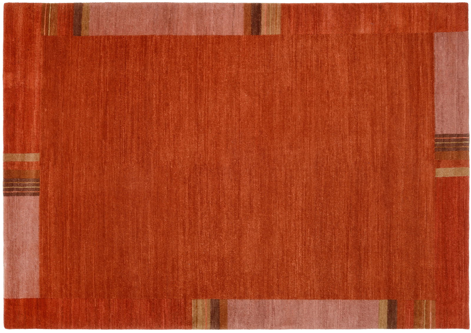 Roter Wollteppich mit geometrischen Mustern an den Ecken, Draufsicht