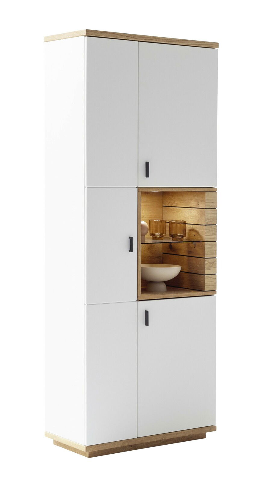 Modernes Highboard in Weiß mit Holzdetails und integrierter Beleuchtung, seitliche Perspektive