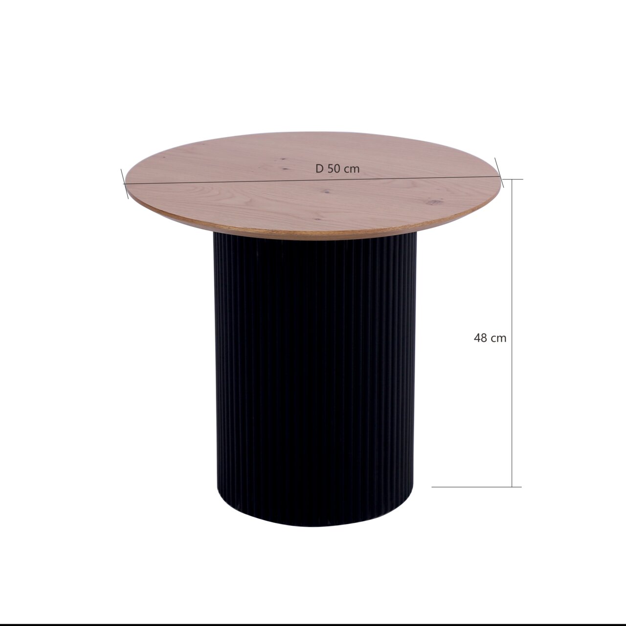 Ronde bijzettafel met een diameter van 50 cm en een hoogte van 48 cm, met een houten blad en een zwarte, geribbelde voet, zijaanzicht.