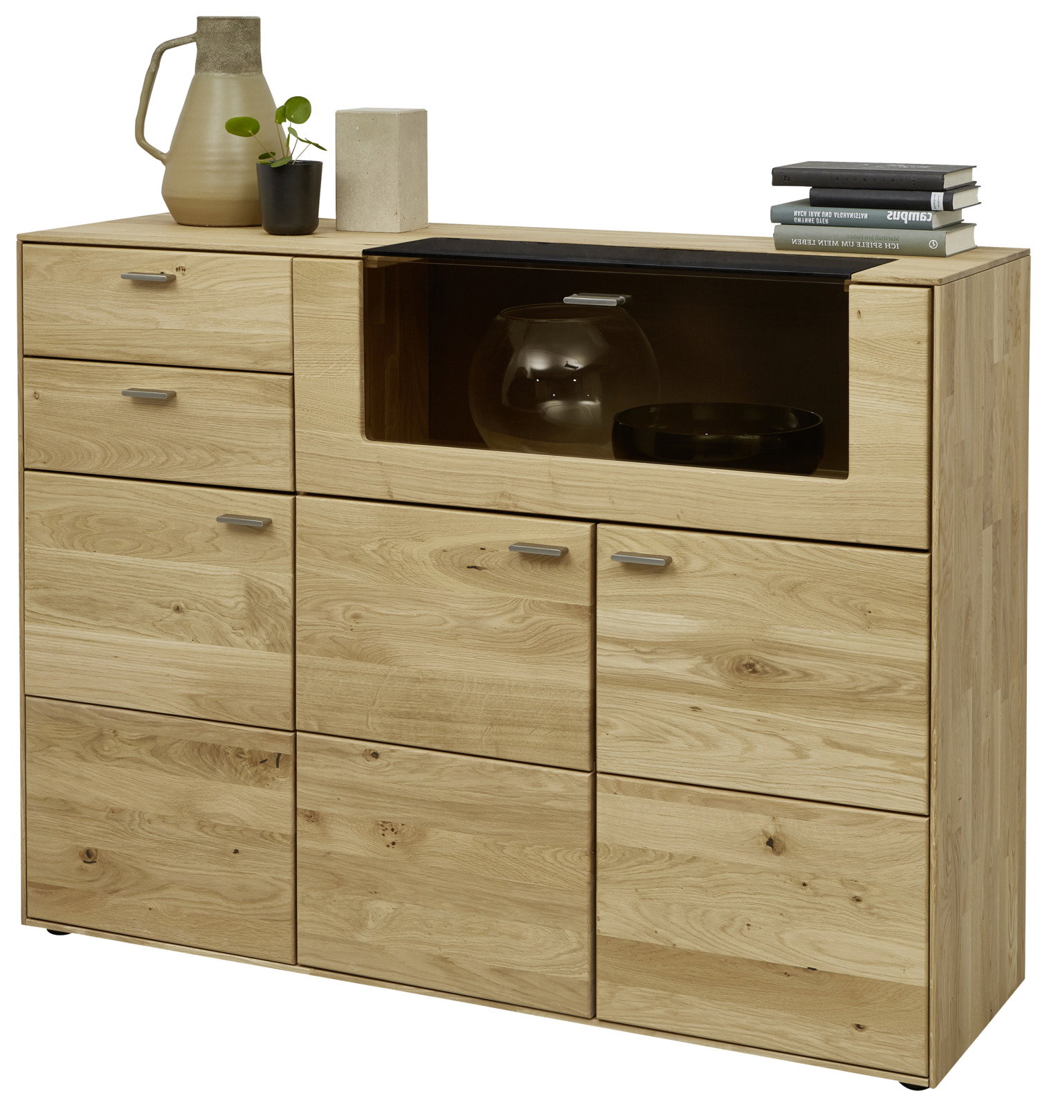 Hochwertiges Highboard aus Holz mit mehreren Schubladen und Fächern, dekoriert mit Büchern und Pflanzen, seitliche Perspektive