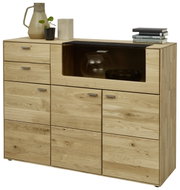 Hoogwaardig houten dressoir met meerdere lades en vakken, versierd met boeken en planten, zijaanzicht