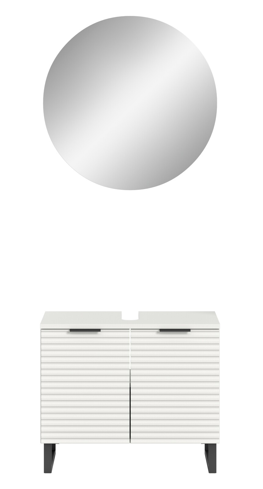 Frontale Ansicht einer modernen Badkombination mit rundem Spiegel und weißem Unterschrank mit gerillten Türen.