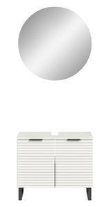 Frontale Ansicht einer modernen Badkombination mit rundem Spiegel und weißem Unterschrank mit gerillten Türen.