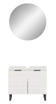 Frontale Ansicht einer modernen Badkombination mit rundem Spiegel und weißem Unterschrank mit gerillten Türen.
