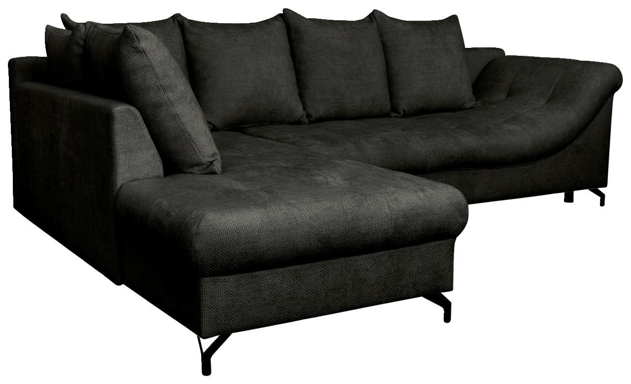 Dunkelgraue Eckcouch mit Ottomane links, Perspektive von vorne rechts