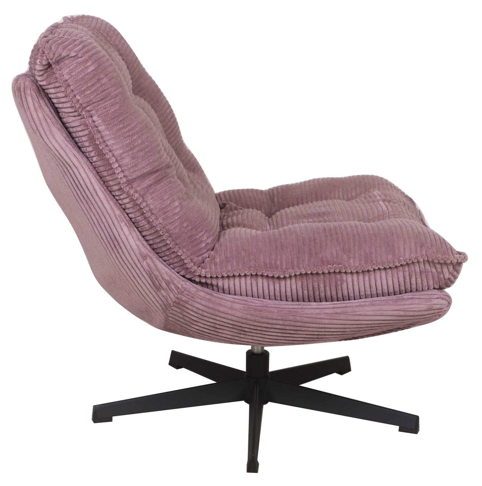 Seitenansicht eines lila Relaxsessels mit weichem, geripptem Stoffbezug und schwarzem Drehfuß.