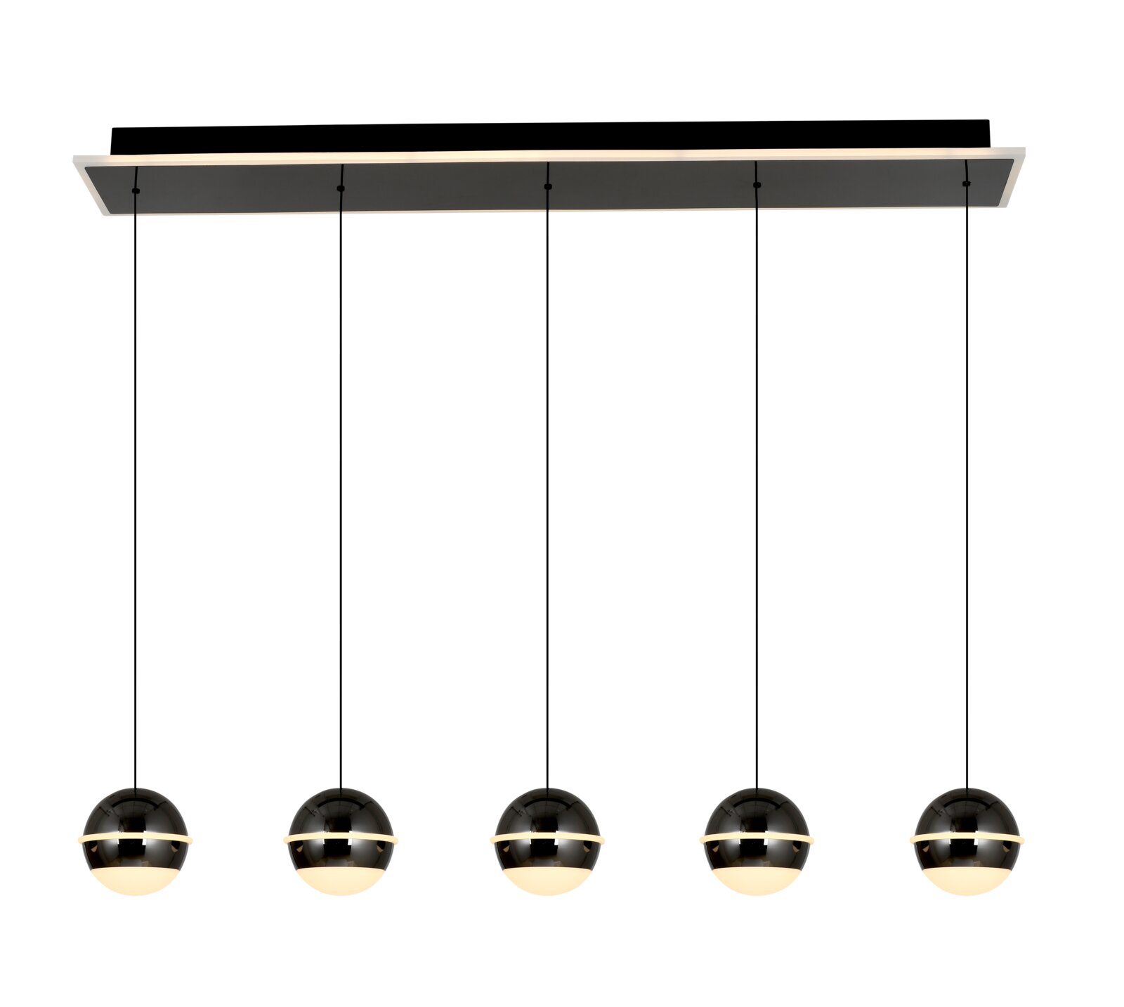 Moderne LED-hanglamp met vijf bolvormige lampen, hangend aan dunne kabels, gezien van voren.