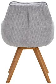 Rückansicht eines grauen Armlehnstuhls mit Holzbeinen