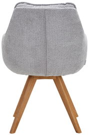 Rückansicht eines grauen Armlehnstuhls mit Holzbeinen