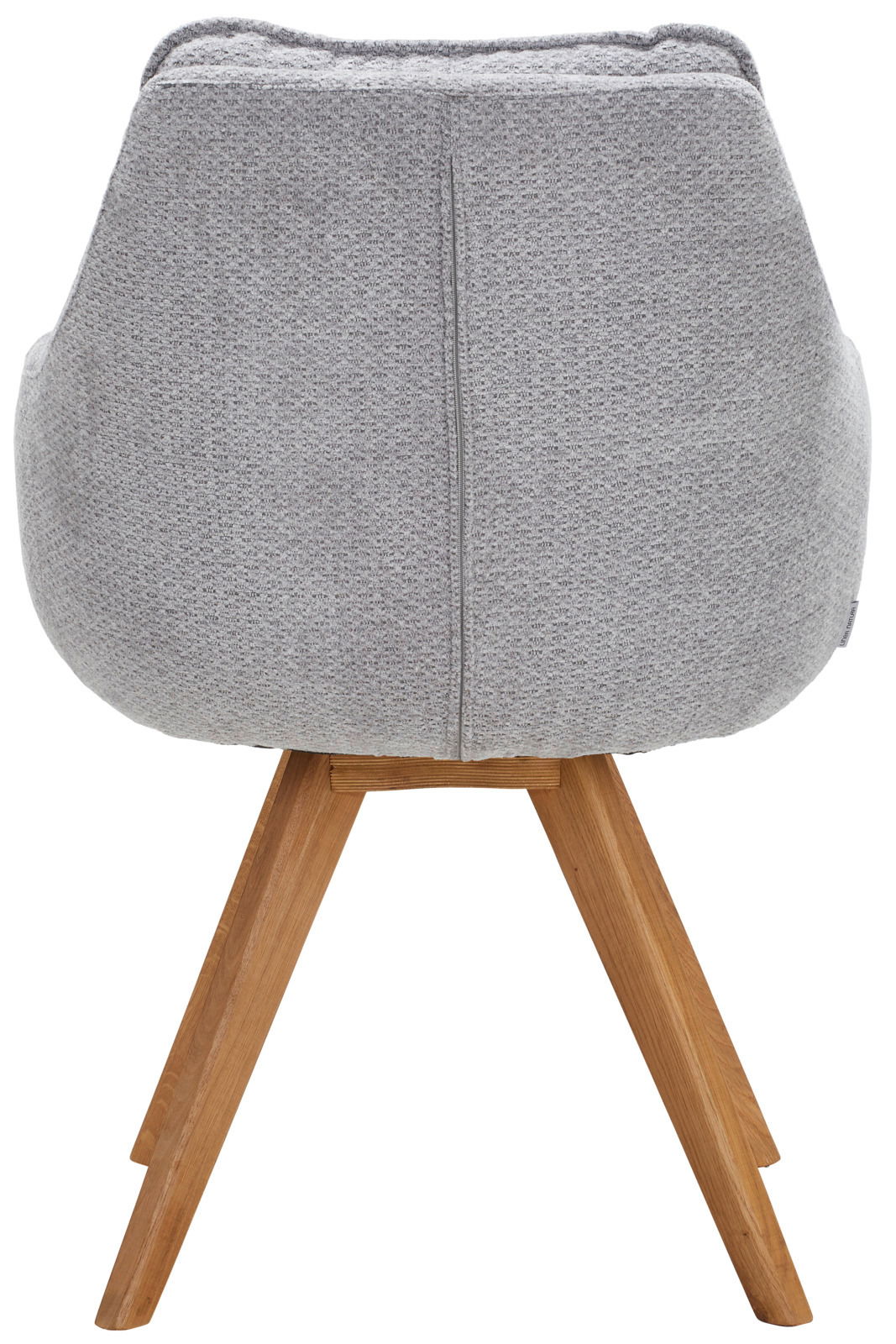 Rückansicht eines grauen Armlehnstuhls mit Holzbeinen