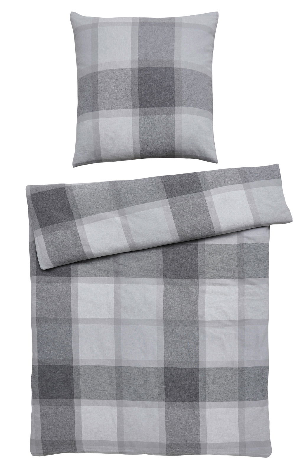 Linneweber Bettwäsche BRAGA Bettwäsche-Set in Grau- und Weißtönen mit Karomuster, bestehend aus einem Kissenbezug und einem Bettdeckenbezug, aus der Vogelperspektive fotografiert.