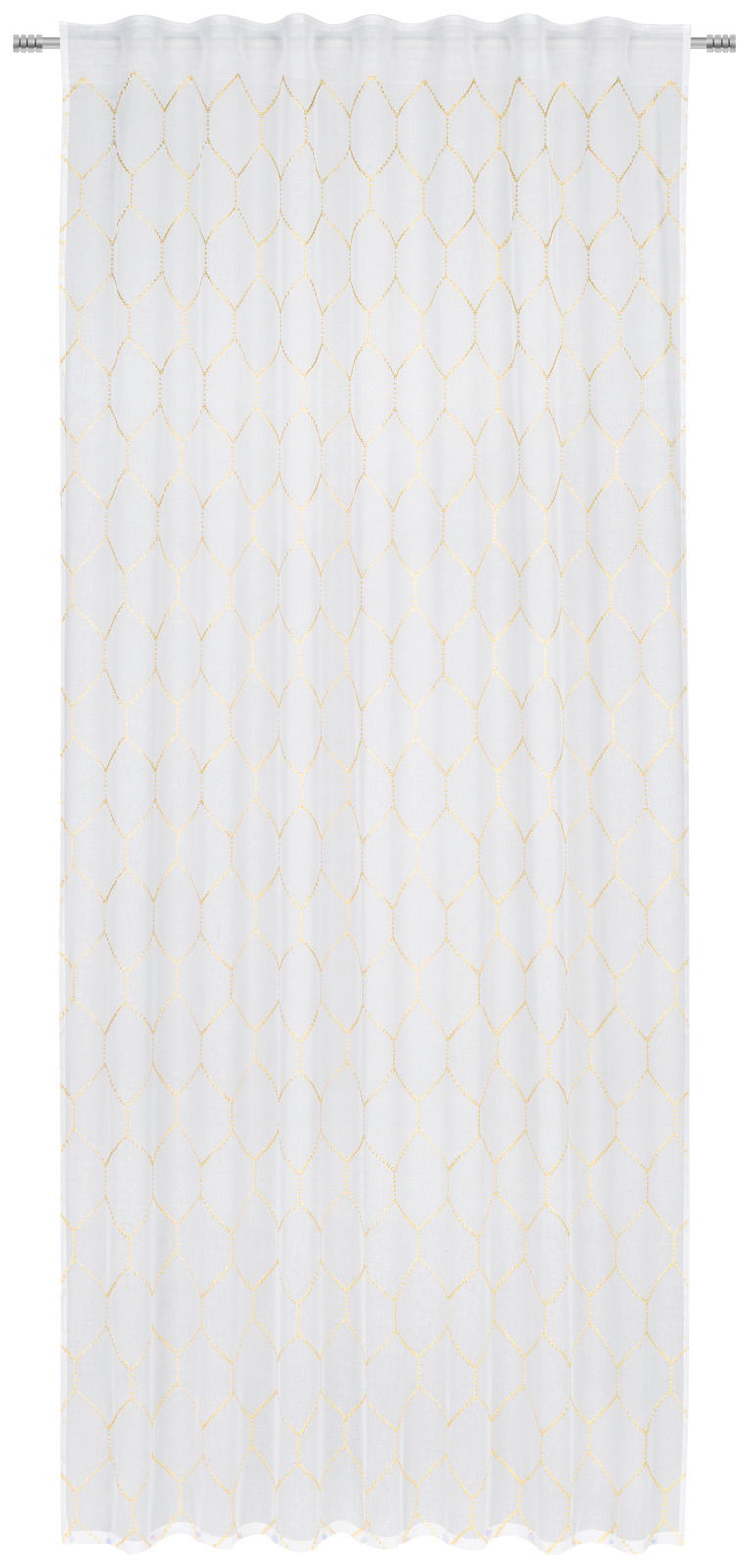 Fertigvorhang Celine 135x245 in weiß mit goldenen geometrischen Mustern, frontal aufgenommen