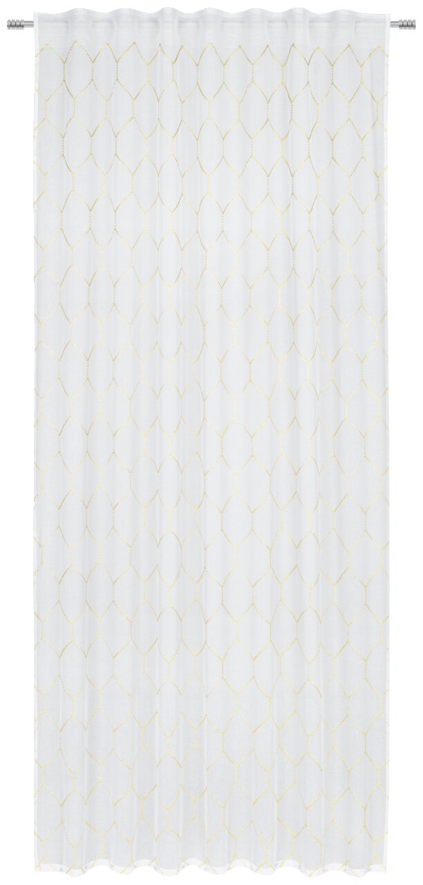 Kant-en-klaar gordijn Celine 135x245 in wit met gouden geometrische patronen, vooraanzicht