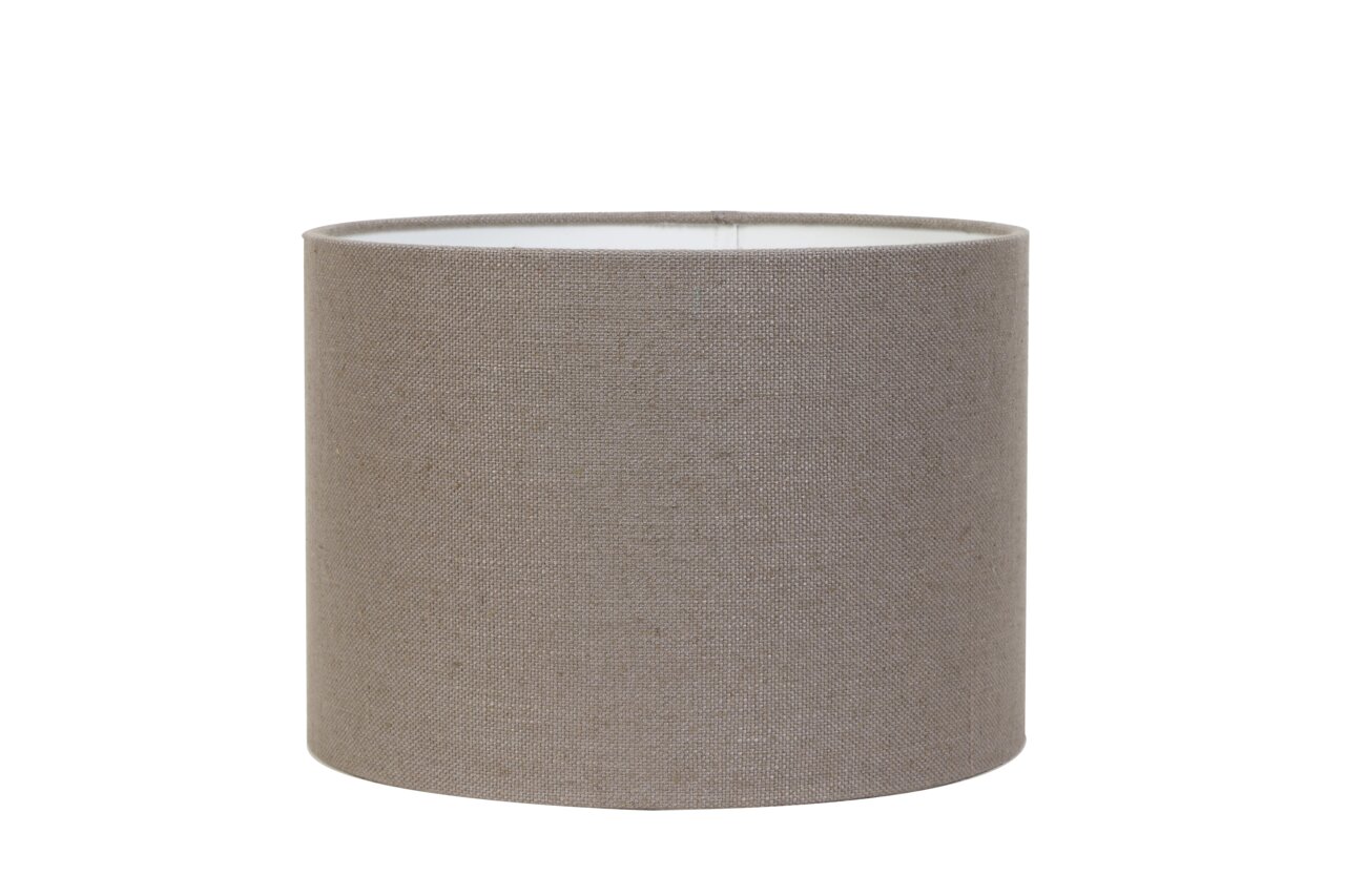 Zylindrischer Lampenschirm aus Stoff in neutralem Beige, frontal fotografiert.